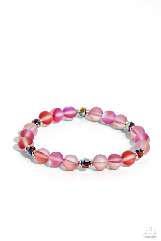 Paparazzi Accessories Mermaid Mirage - Red Infused with silver accents and faceted red beads, a dreamy collection of frosted glassy red beads is threaded along a stretchy band around the wrist for an enchanting glow. Sold as one individual bracelet. Jewel
