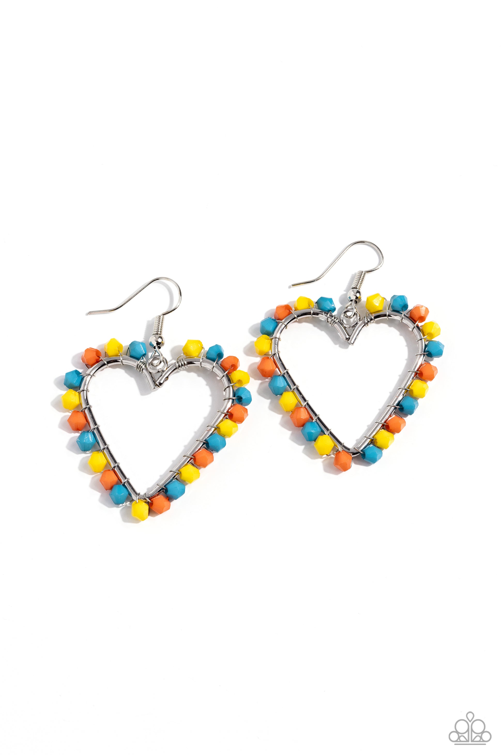 Paparazzi Accessories Fun-Loving Fashion - Yellow A vibrant collection of High Visibility, turquoise, and orange seed beads are wrapped along the outside curve of a shiny, silver heart frame by shimmery silver wire for a handcrafted, fun-loving finish. Ea