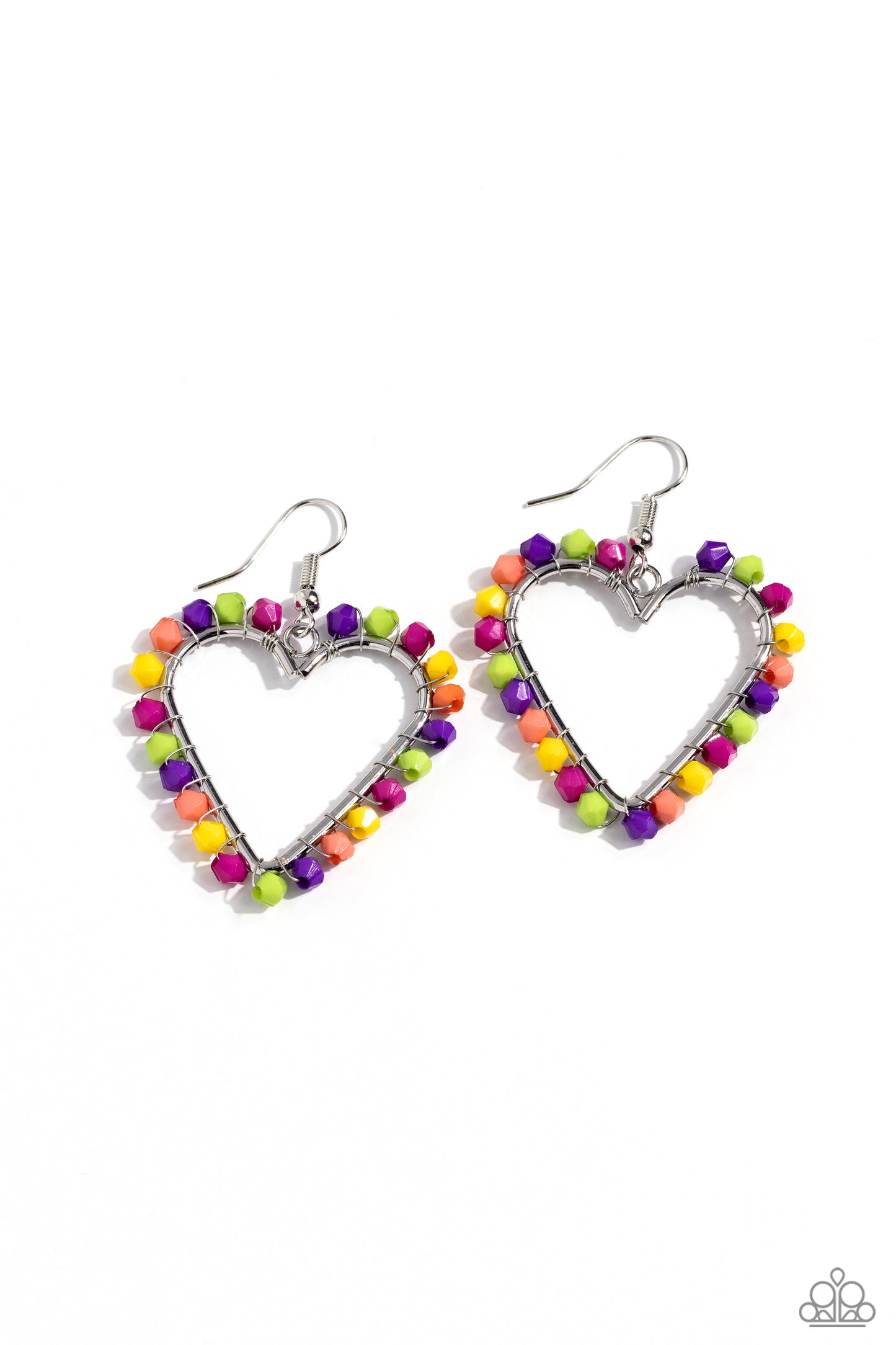 Paparazzi Accessories Fun-Loving Fashion - Multi A vibrant collection of Rose Violet, Kohlrabi, purple, yellow, and coral seed beads are wrapped along the outside curve of a shiny, silver heart frame by shimmery silver wire for a handcrafted, fun-loving f
