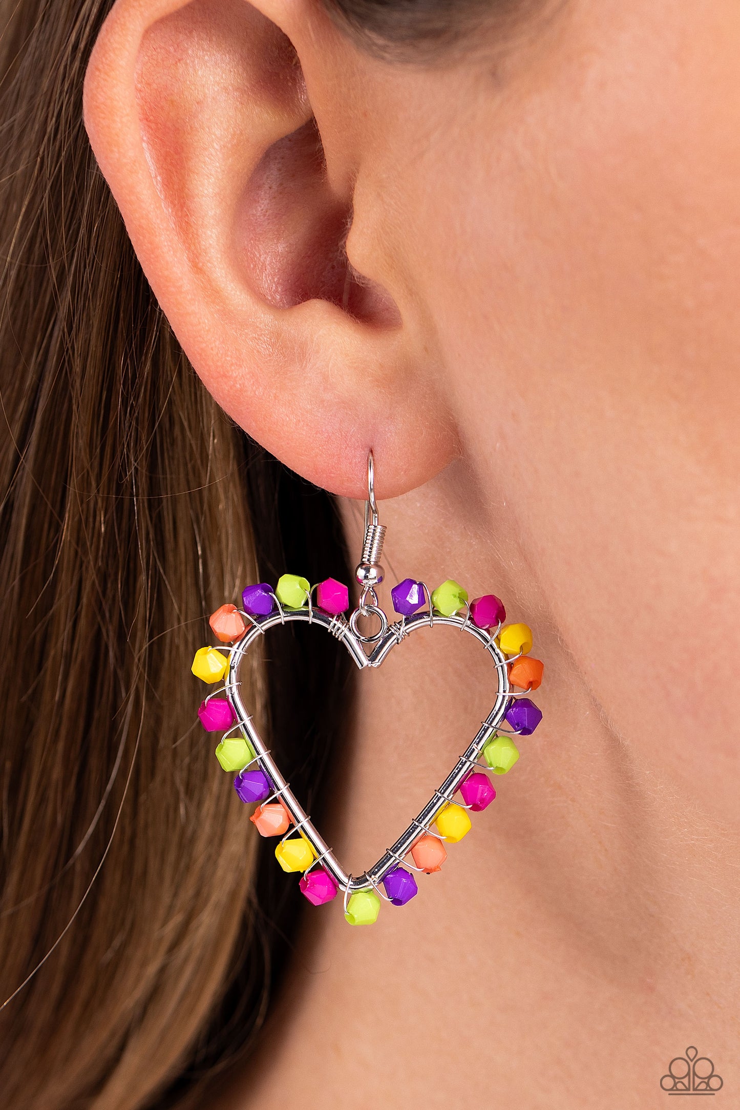 Paparazzi Accessories Fun-Loving Fashion - Multi A vibrant collection of Rose Violet, Kohlrabi, purple, yellow, and coral seed beads are wrapped along the outside curve of a shiny, silver heart frame by shimmery silver wire for a handcrafted, fun-loving f
