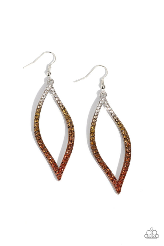 Paparazzi Accessories Admirable Asymmetry - Multi A glistening asymmetrical silver leaf-like frame is encrusted in glassy white rhinestones that gradually fade from brass to copper, creating a colorful ombre effect for a statement-making look. Earring att