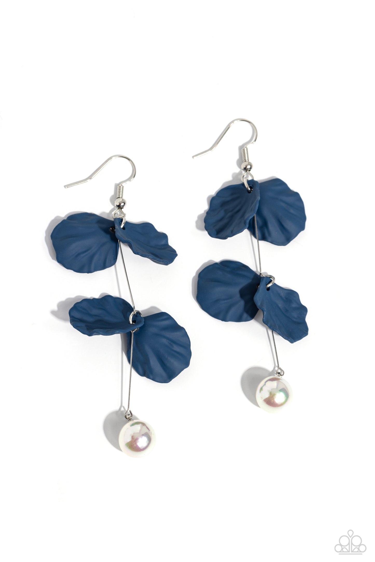 Paparazzi Accessories Edwardian Era - Blue A glossy white pearl delicately links to the bottom of a sleek silver rod. Navy acrylic petals cascade along the silver rod, adding a timeless twist to the classic pearl palette. Earring attaches to a standard fi