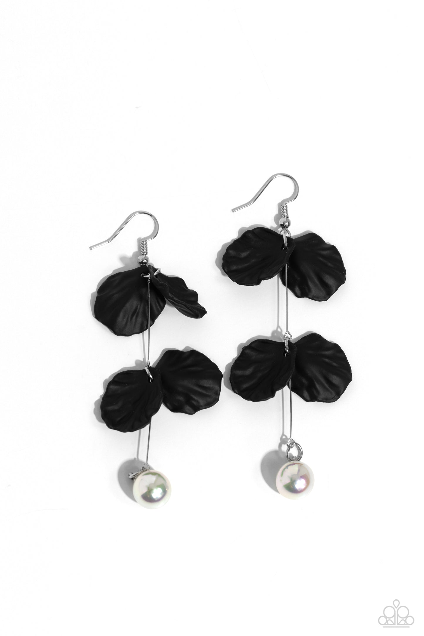 Paparazzi Accessories Edwardian Era - Black A glossy white pearl delicately links to the bottom of a sleek silver rod. Black acrylic petals cascade along the silver rod, adding a timeless twist to the classic pearl palette. Earring attaches to a standard
