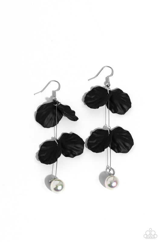 Paparazzi Accessories Edwardian Era - Black A glossy white pearl delicately links to the bottom of a sleek silver rod. Black acrylic petals cascade along the silver rod, adding a timeless twist to the classic pearl palette. Earring attaches to a standard