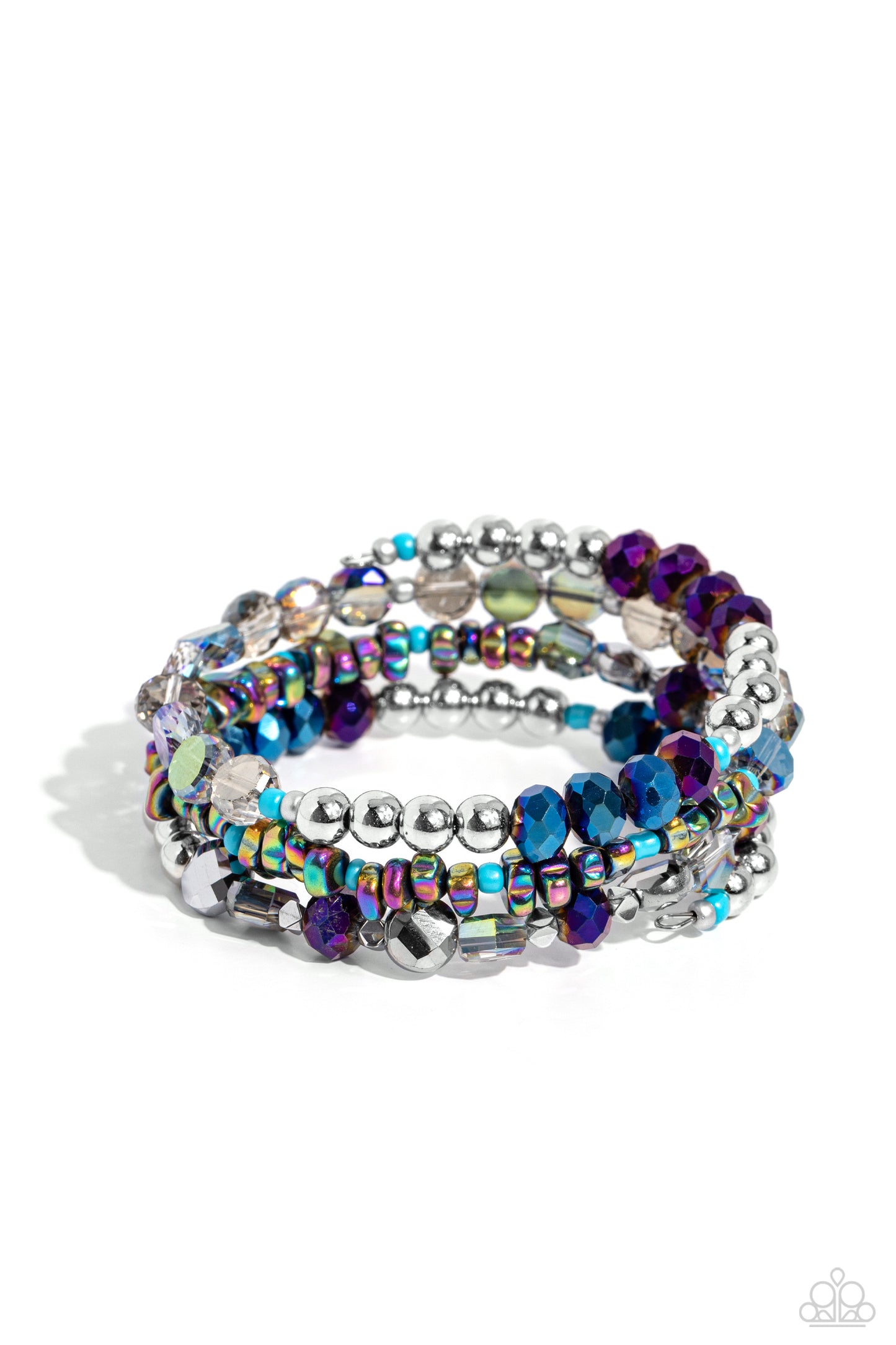 Paparazzi Accessories Impressive Infinity - Multi Sections of shiny silver beads, oil spill pebbles, clear iridescent faceted discs, turquoise beads, and an alternating pattern of blue and purple oil spill-coated beads are infused along a coiled wire, cre