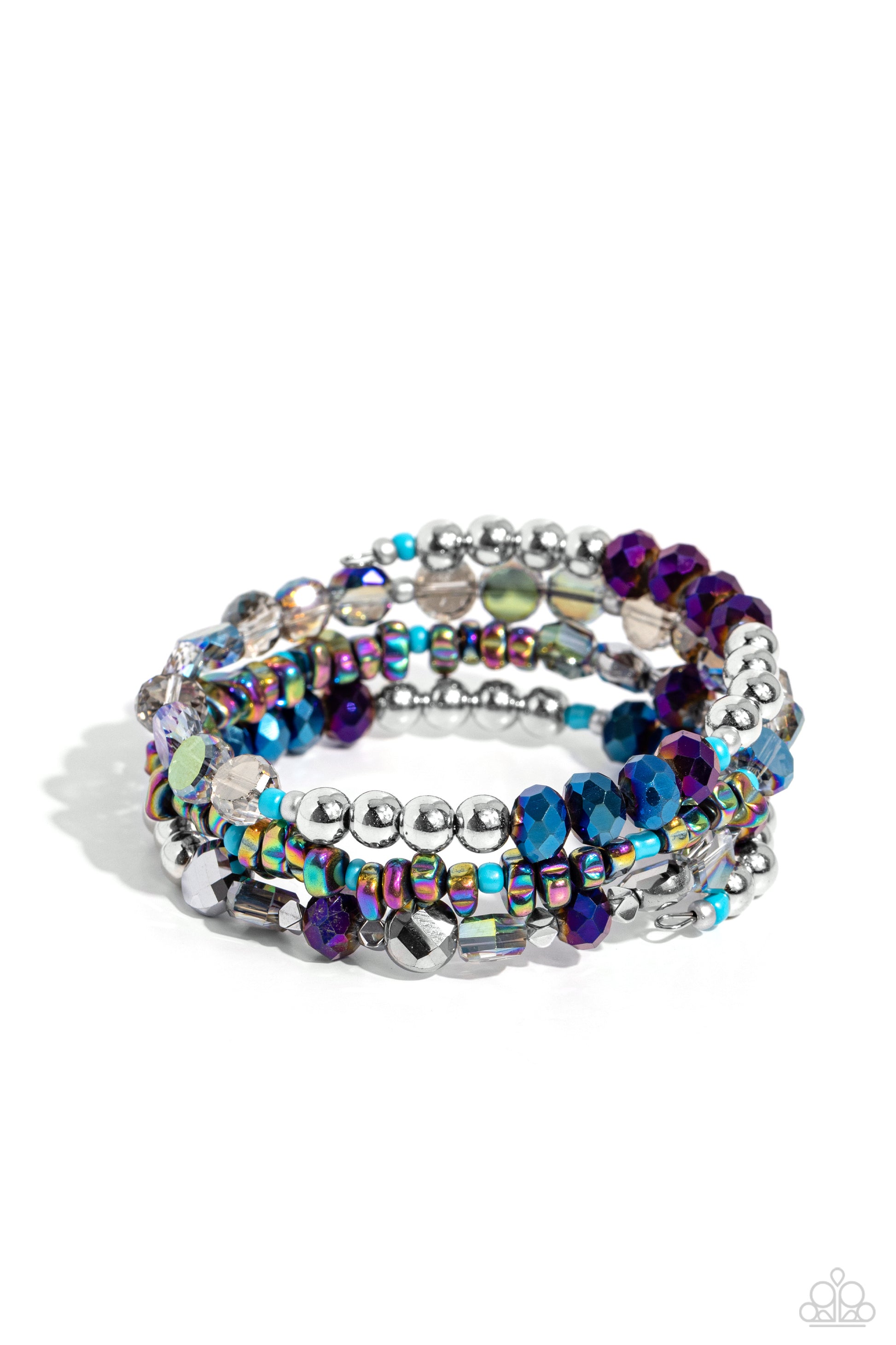 Paparazzi Accessories Impressive Infinity - Multi Sections of shiny silver beads, oil spill pebbles, clear iridescent faceted discs, turquoise beads, and an alternating pattern of blue and purple oil spill-coated beads are infused along a coiled wire, cre