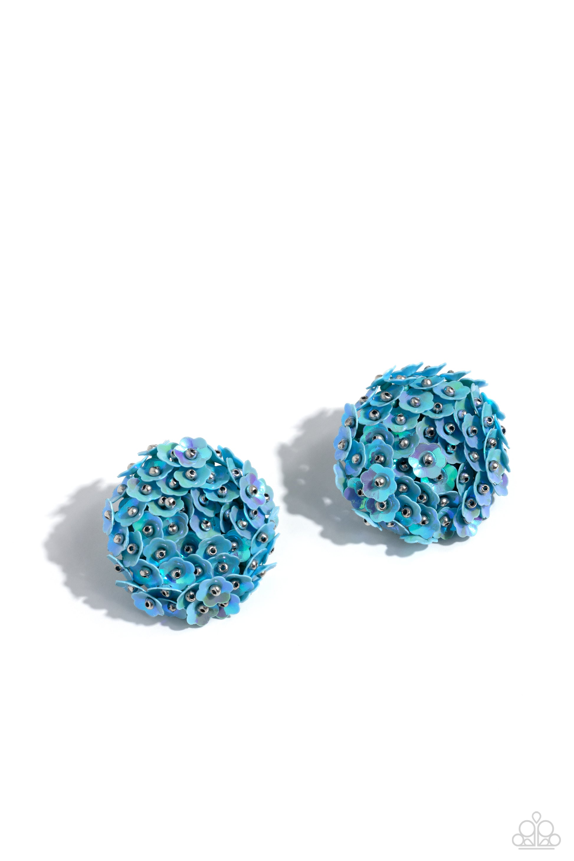 Paparazzi Accessories Corsage Character - Blue Featuring a light iridescent sheen, light blue flowers with silver stud centers explode around the ear to create a whimsical bouquet-inspired statement. Earring attaches to a standard post fitting. Sold as on