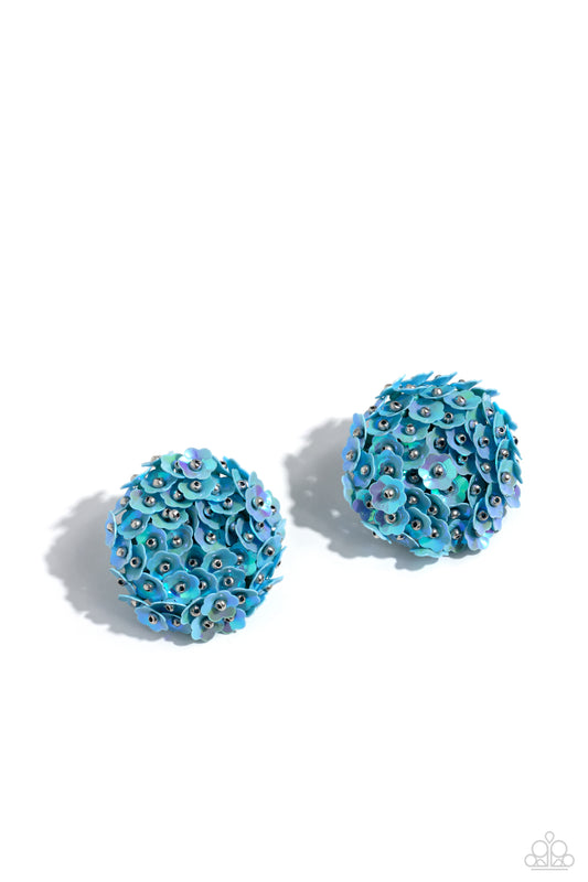 Paparazzi Accessories Corsage Character - Blue Featuring a light iridescent sheen, light blue flowers with silver stud centers explode around the ear to create a whimsical bouquet-inspired statement. Earring attaches to a standard post fitting. Sold as on
