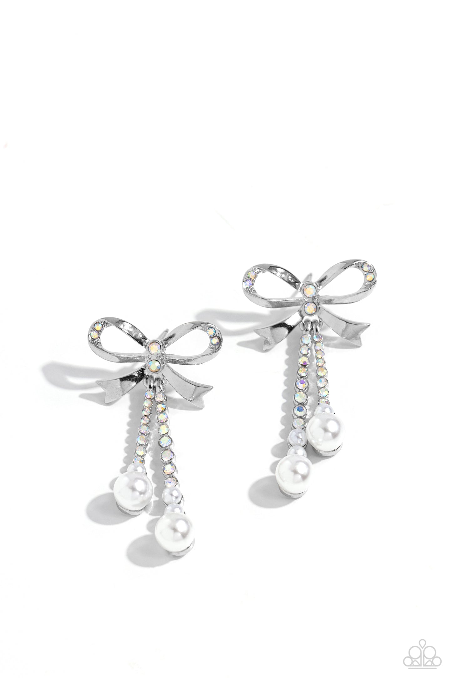 Paparazzi Accessories Bodacious Bow - Multi Adorned in sparkling iridescent rhinestones, high-sheen bands of silver curl and loop into a stunning bow charm, creating a classy statement at the ear. Iridescent rhinestones encased in scalloped silver fitting