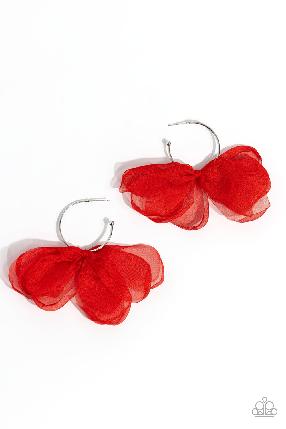 Paparazzi Accessories Chiffon Class - Red A small, skinny, shiny silver hoop curves around the ear in a timeless fashion. A shiny silver ball is affixed to the end of the hoop, reminiscent of a barbell fitting. A red chiffon bow slides along the curvature