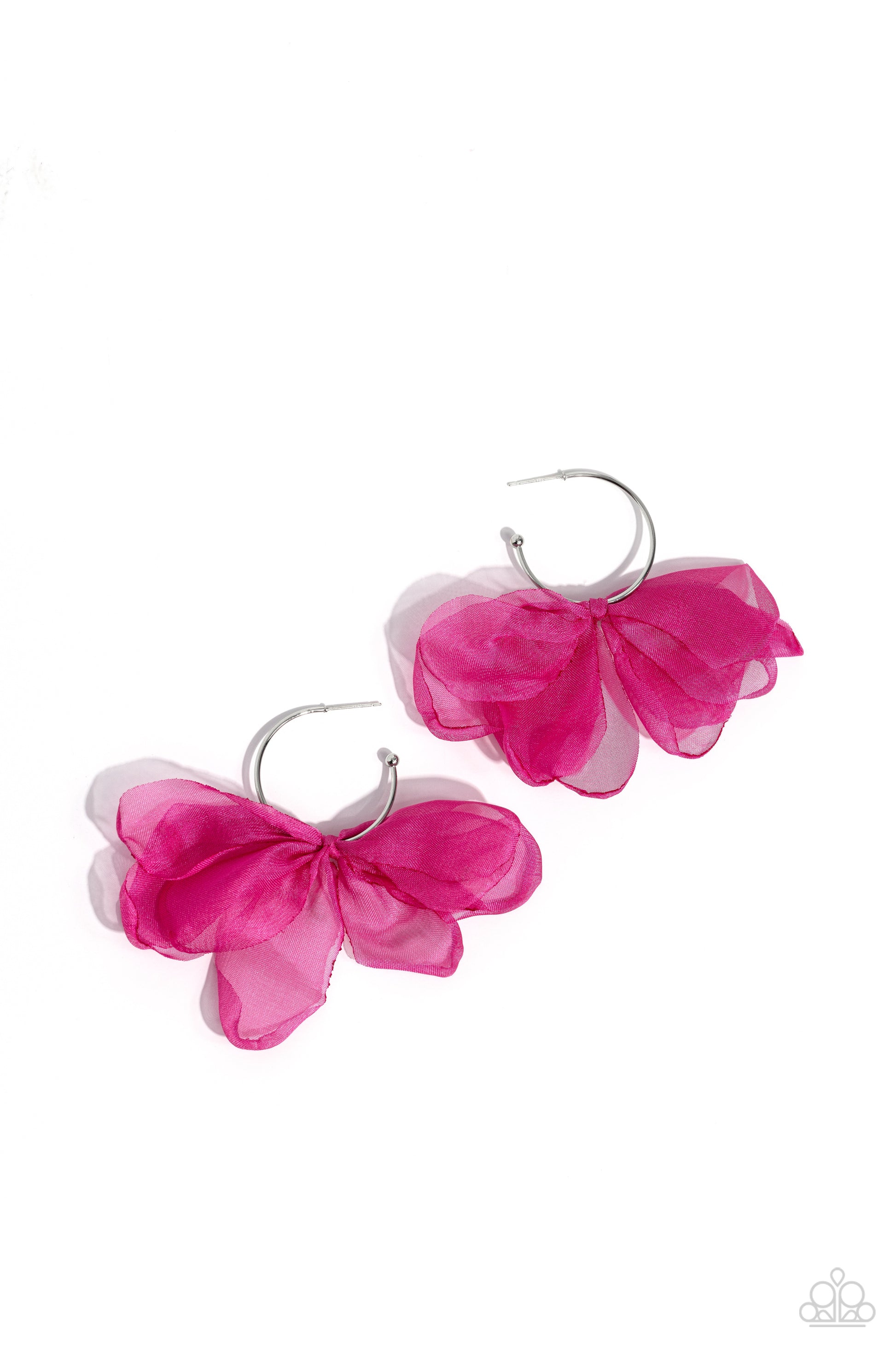 Paparazzi Accessories Chiffon Class - Pink A small, skinny, shiny silver hoop curves around the ear in a timeless fashion. A shiny silver ball is affixed to the end of the hoop, reminiscent of a barbell fitting. A hot pink chiffon bow slides along the cur