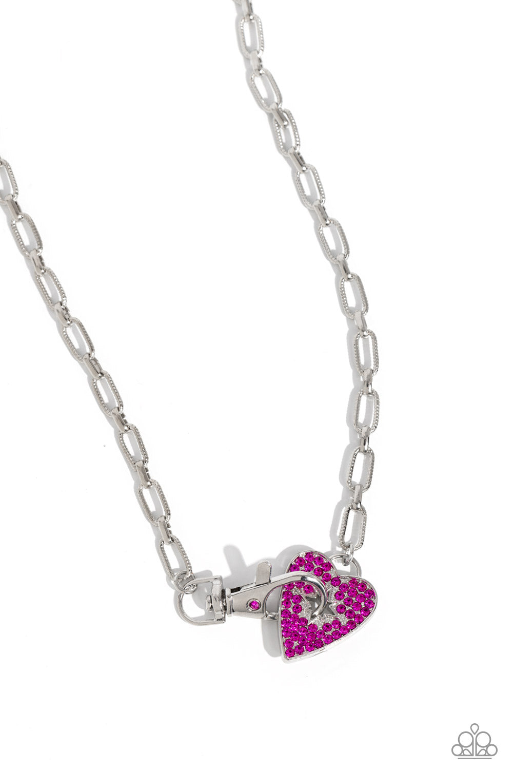 Paparazzi Accessories Radical Romance - Pink Featuring a subtly studded finish, a silver paperclip chain leads the eye down to a fuchsia rhinestone-encrusted heart. A fuchsia rhinestone-embellished lobster clasp connects to the center of the heart display