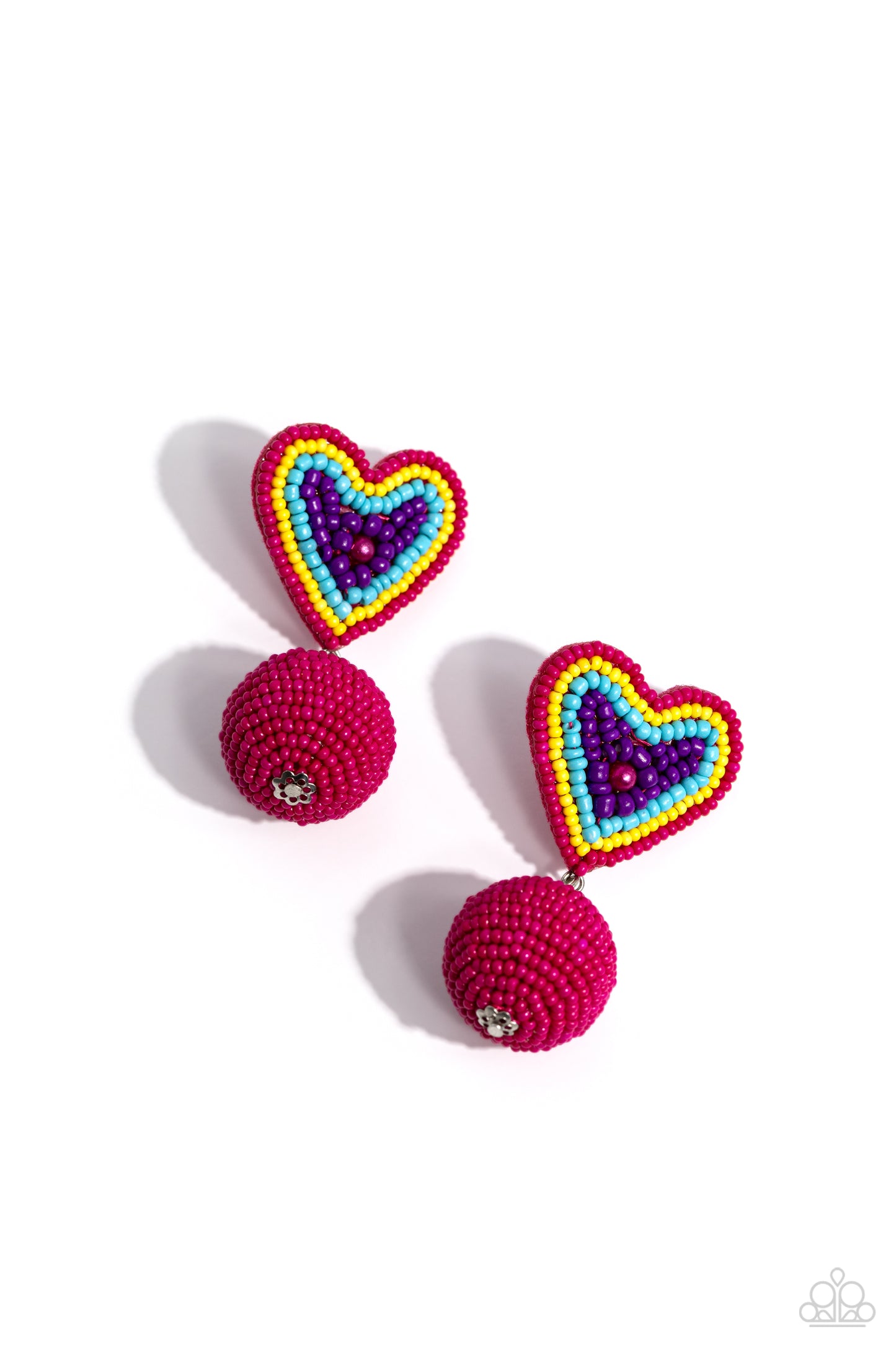 Paparazzi Accessories Spherical Sweethearts - Multi Featuring a hot pink pearl center, a hot pink, yellow, turquoise, and purple seed bead heart frame gives way to strands of hot pink seed beads that decoratively spin around a spherical frame, resulting i