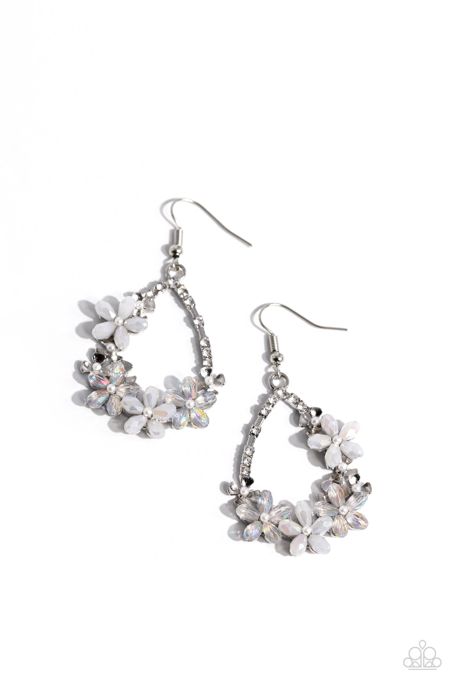 Paparazzi Accessories Boisterous Blooms - White Encrusted along an airy silver teardrop, a vivacious collection of matte and crystal-like white and iridescent flowers bloom next to silver flowers with dainty pearly centers. White rhinestones coalesce acro