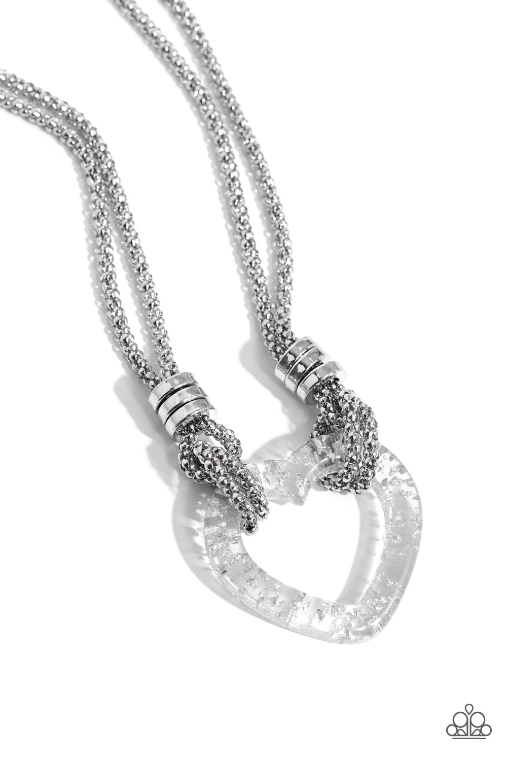 Paparazzi Accessories Lead with Your Heart - Silver Featuring a double-layered display of silver popcorn chain, a silver-flecked clear acrylic heart frame cascades down the neckline. Infused atop the acrylic heart, a trio of high-sheen silver rings adorns