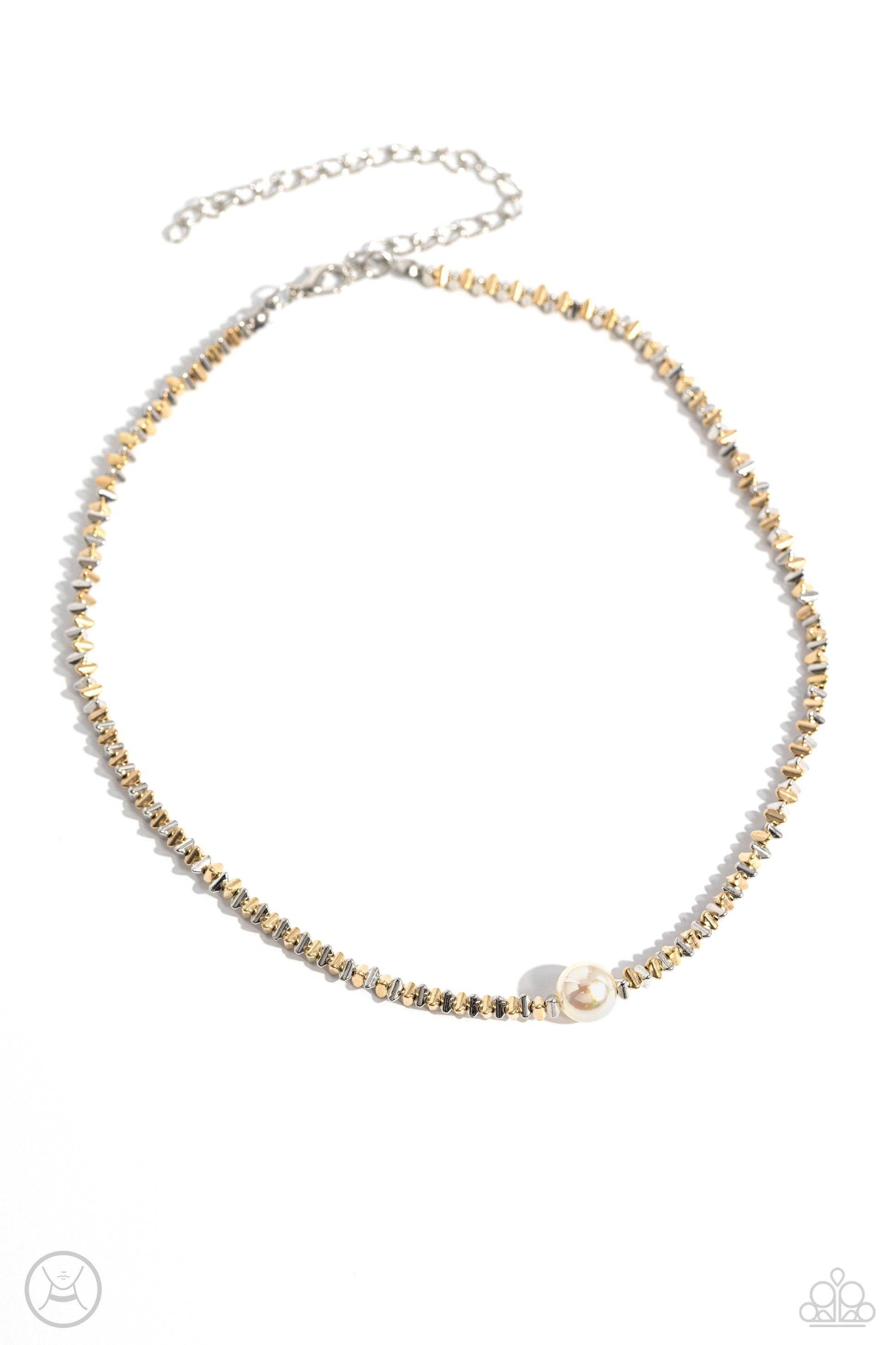 Paparazzi Accessories Tasteful Triangles - Multi Infused along an invisible string, an edgy collection of high-sheen silver and gold triangle beads coalesces around the collar to meet a white pearl at its center for a refining finish. Features an adjustab