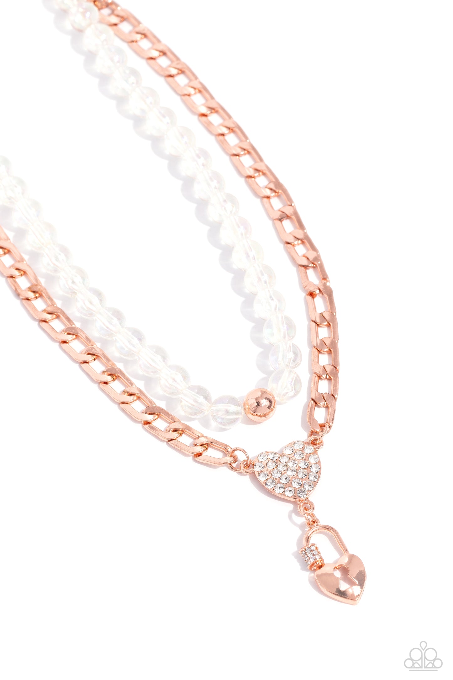 Paparazzi Accessories Turn Back the LOCK - Copper Layered atop a bold shiny copper elongated curb chain, a strand of clear beads featuring an iridescent shimmer is threaded along an invisible wire below the collar, resulting in a colorfully layered design