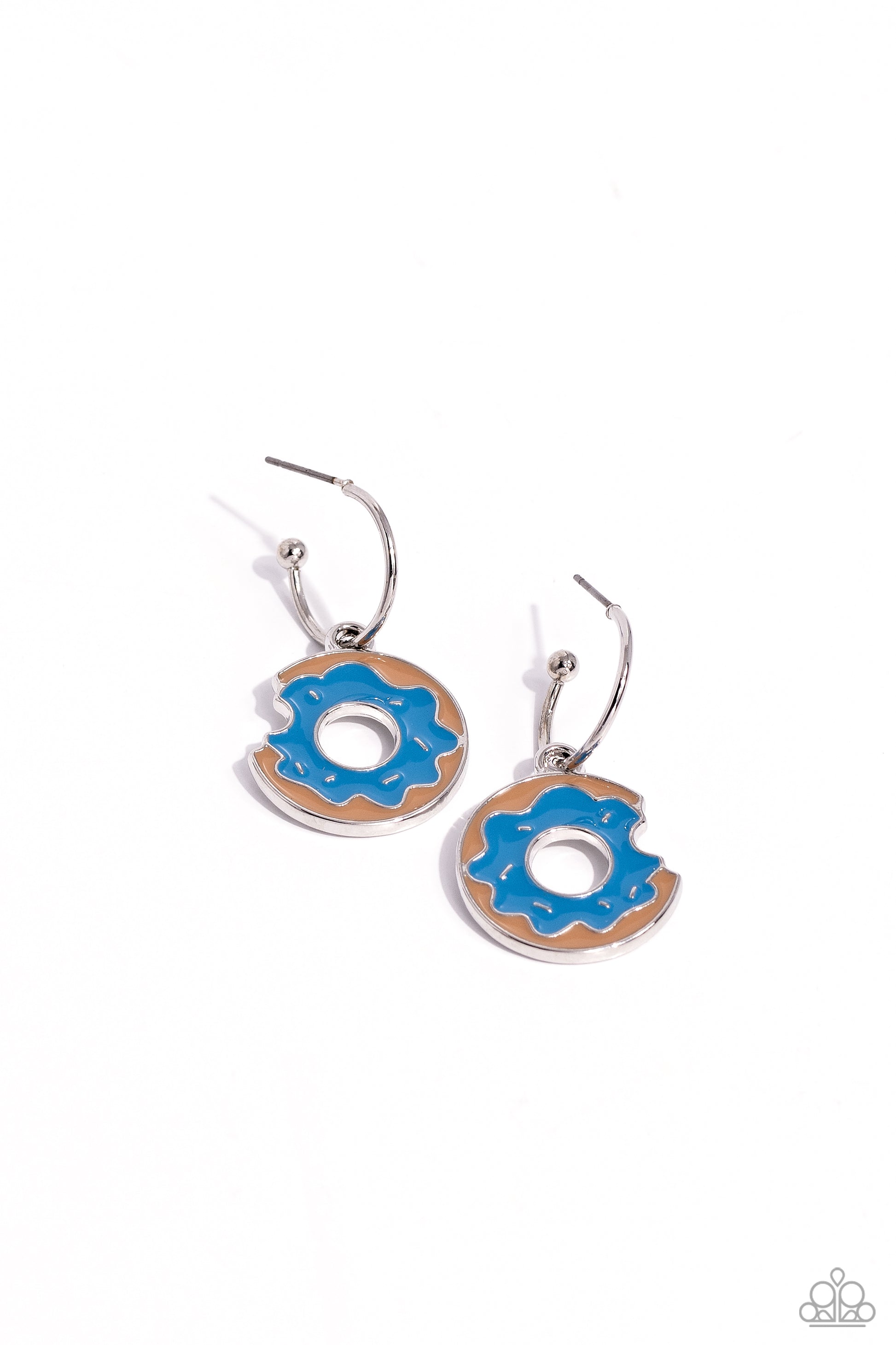 Paparazzi Accessories Donut Delivery - Blue A small, skinny, silver hoop curves around the ear in a timeless fashion with a silver ball affixed to the end of the hoop, reminiscent of a barbell fitting. A brown donut charm frosted in a blue glaze with silv