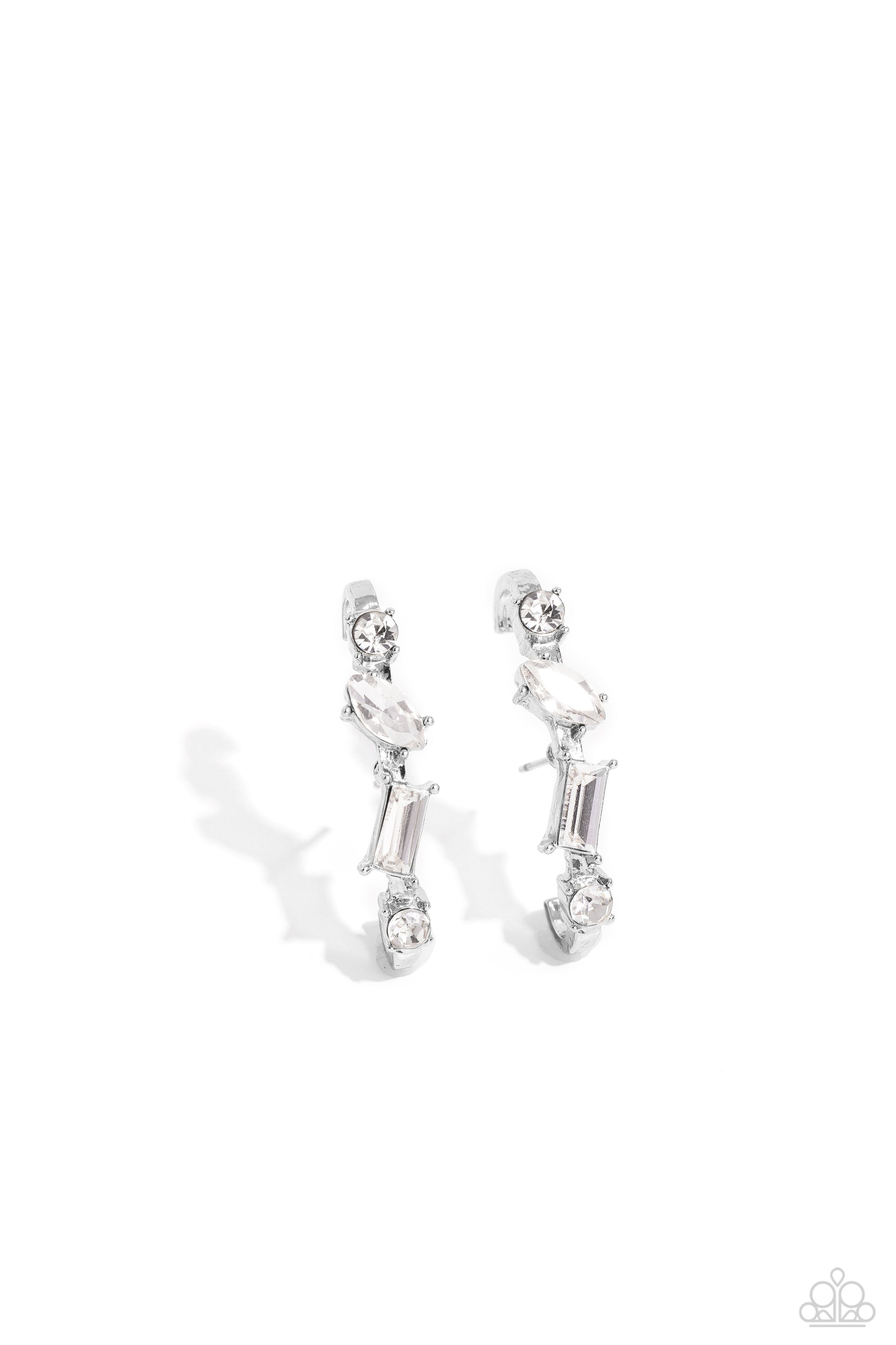 Paparazzi Accessories Sliding Shimmer - White A glassy collection of white round, marquise-cut, and emerald-cut rhinestones and gems are pronged in place along a curved silver bar. Features a sleek surface for sliding ability to desired position on the ea