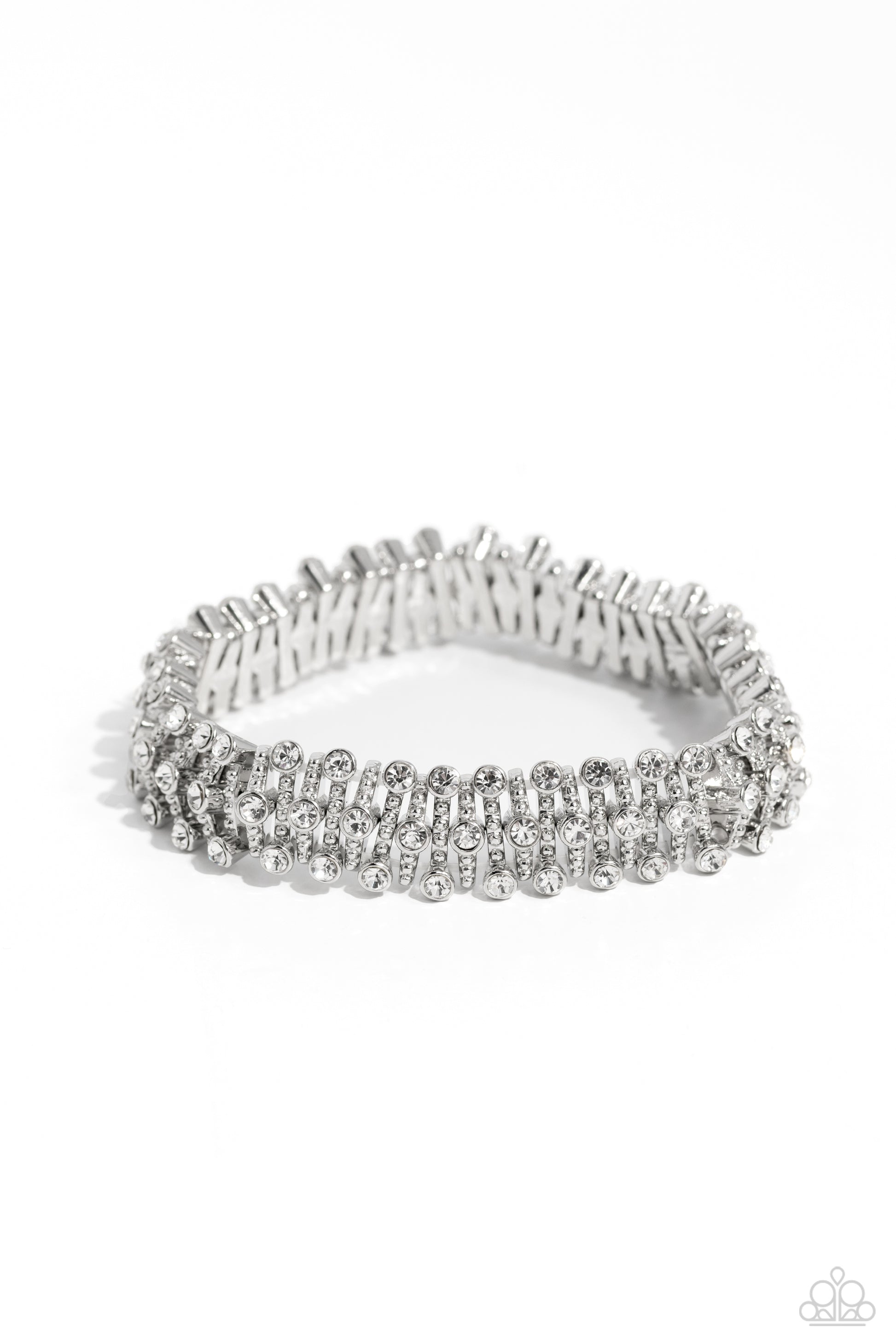 Paparazzi Accessories Corporate Confidence - White Infused along a stretchy band, studded, curved silver bars dotted with white rhinestones wraps around the wrist for a glitzy display. Sold as one individual bracelet. Jewelry