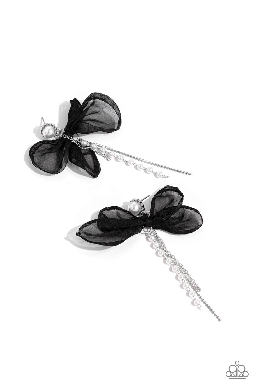 Paparazzi Accessories High-Class Heiress - Black Featuring a solitaire-pronged pearl, a collection of a silver ball chain strand, a dainty silver chain, and a dainty white pearl strand cascades for high-class movement below the ear. Black chiffon fabric t