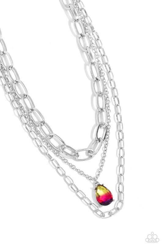 Paparazzi Accessories Teardrop Tiers - Multi A trio of mismatched silver chains coalesces down the neckline for a monochromatic masterpiece. Strung on the middle chain, a pronged glassy teardrop with an ombré effect of yellow to pink to purple stands out