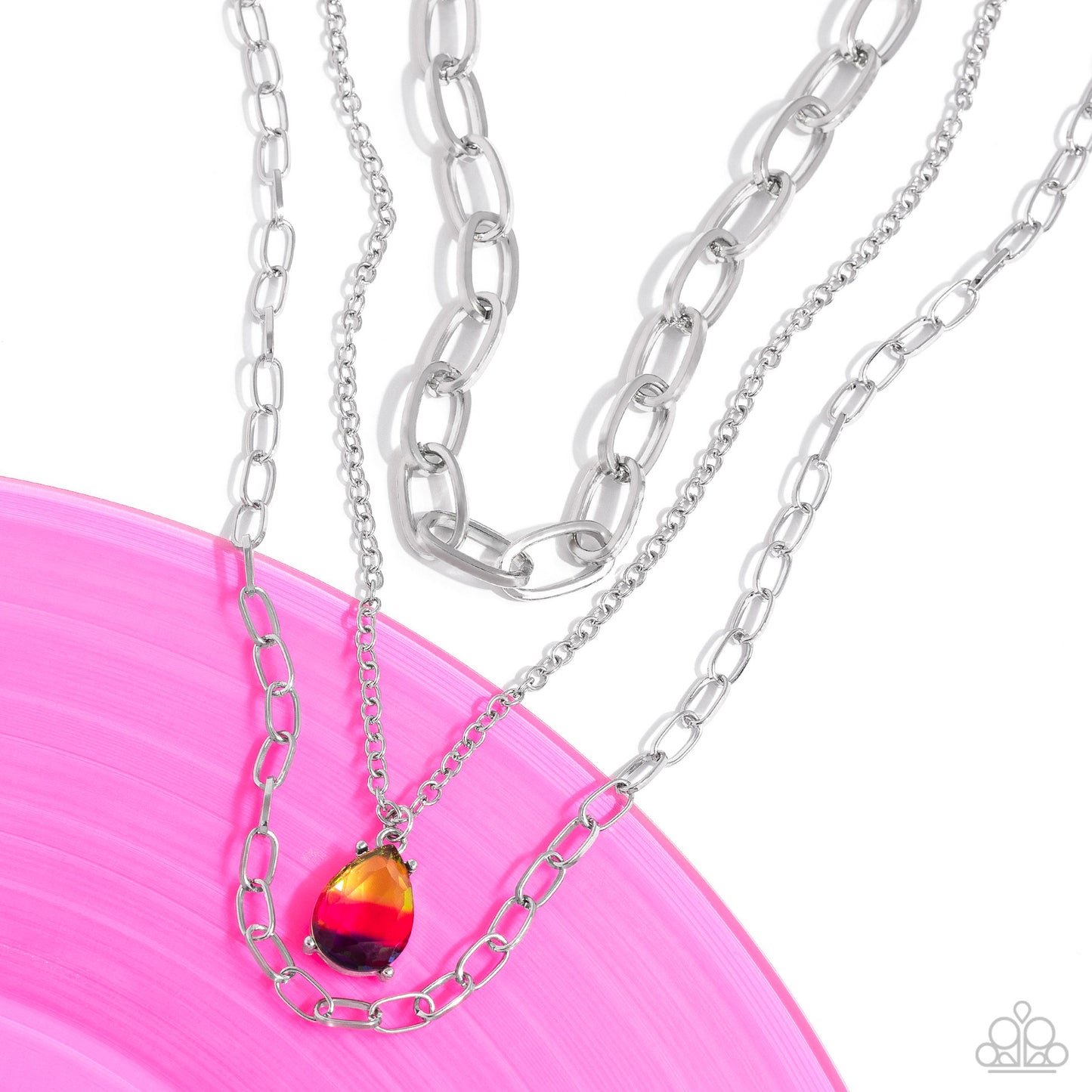 Paparazzi Accessories Teardrop Tiers - Multi A trio of mismatched silver chains coalesces down the neckline for a monochromatic masterpiece. Strung on the middle chain, a pronged glassy teardrop with an ombré effect of yellow to pink to purple stands out