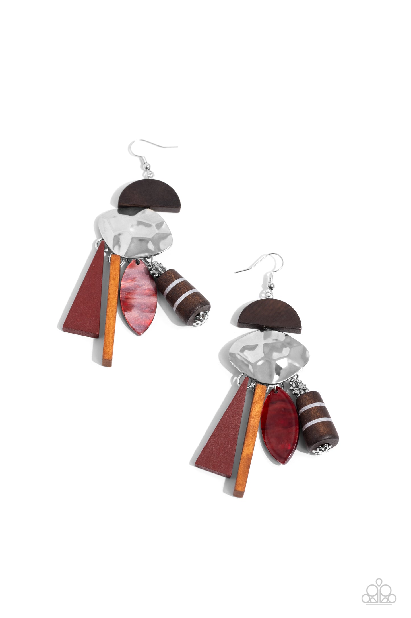 Paparazzi Accessories Textured Talisman - Red Featuring a variety of textures, patterns, and sheens, dark brown half-moon and hammered abstract frames stack into an exotic-inspired lure. Textured, striped, shell, acrylic, and wooden accents in mainly red