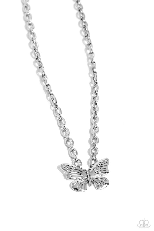 Paparazzi Accessories Midair Monochromatic - Silver Featuring airy cutout details, a high-sheen silver butterfly is connected to the bottom of a thick silver link chain for a whimsically monochromatic statement. Features an adjustable clasp closure. Sold