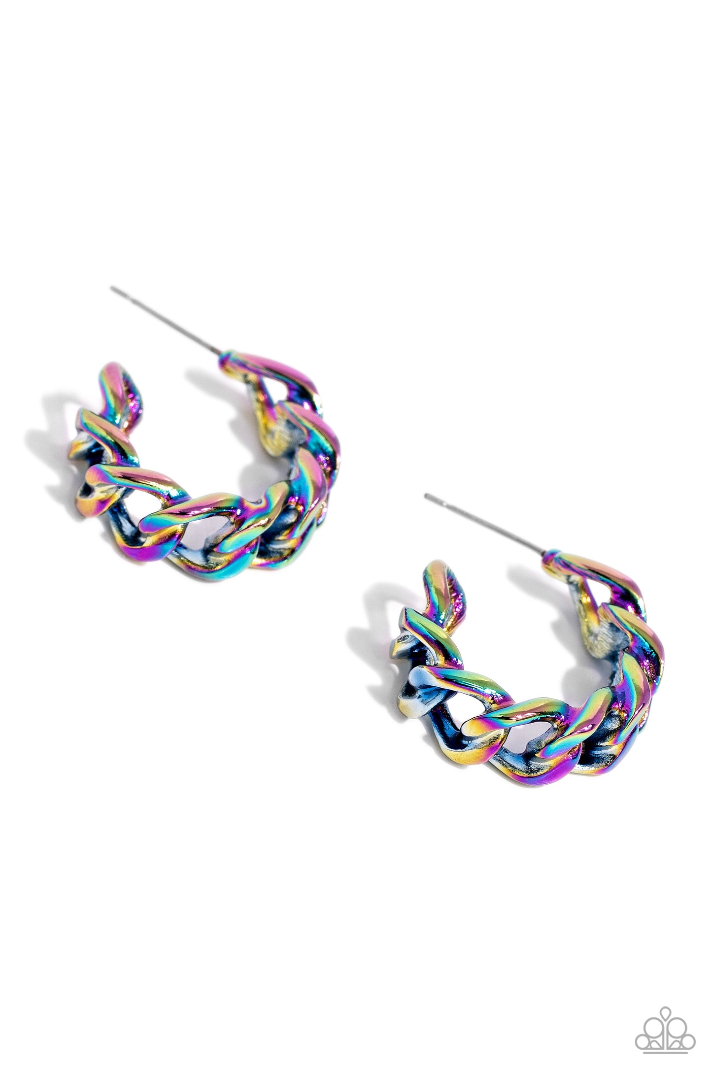 Paparazzi Accessories Casual Confidence - Multi Brushed in a oil spill finish, a textured strand of curb chain curls around the ear for an industrially casual look. Earring attaches to a standard post fitting. Hoop measures 1" in diameter. Sold as one pai