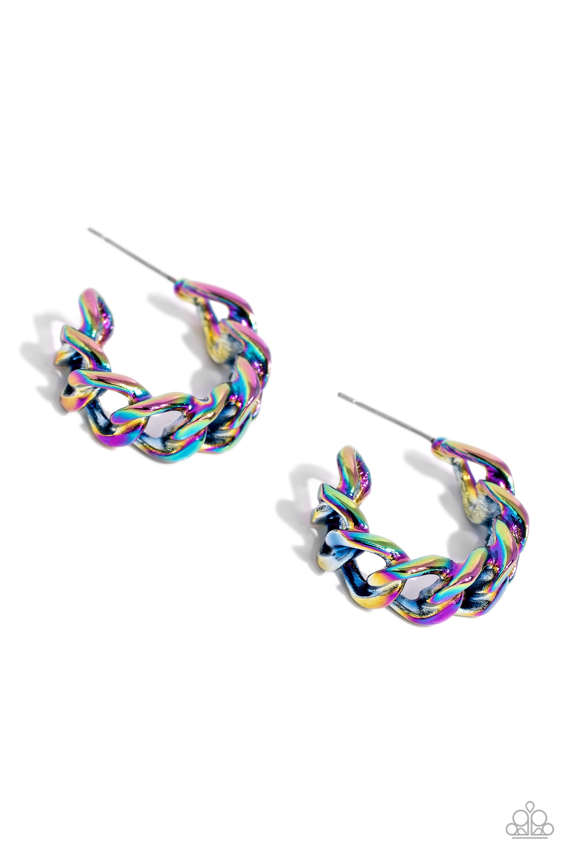 Paparazzi Accessories Casual Confidence - Multi Brushed in a oil spill finish, a textured strand of curb chain curls around the ear for an industrially casual look. Earring attaches to a standard post fitting. Hoop measures 1" in diameter. Sold as one pai