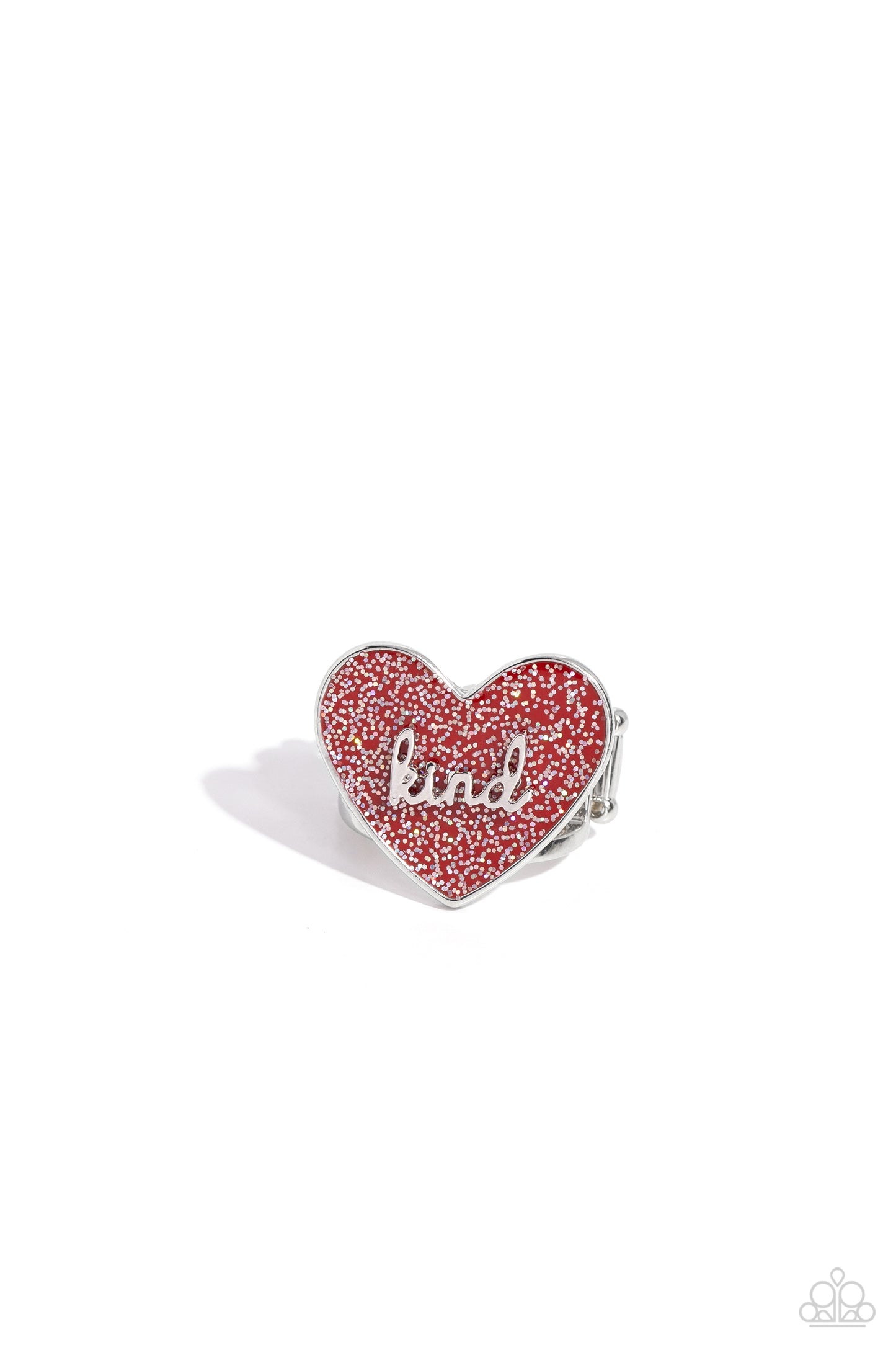 Paparazzi Accessories Compassionate Couture - Red Brushed in a glittery iridescent finish, a red heart frame rests atop airy silver bands for a retro glamorous look. The word "kind" is centered atop the heart frame for an optimistic finish. Features a str