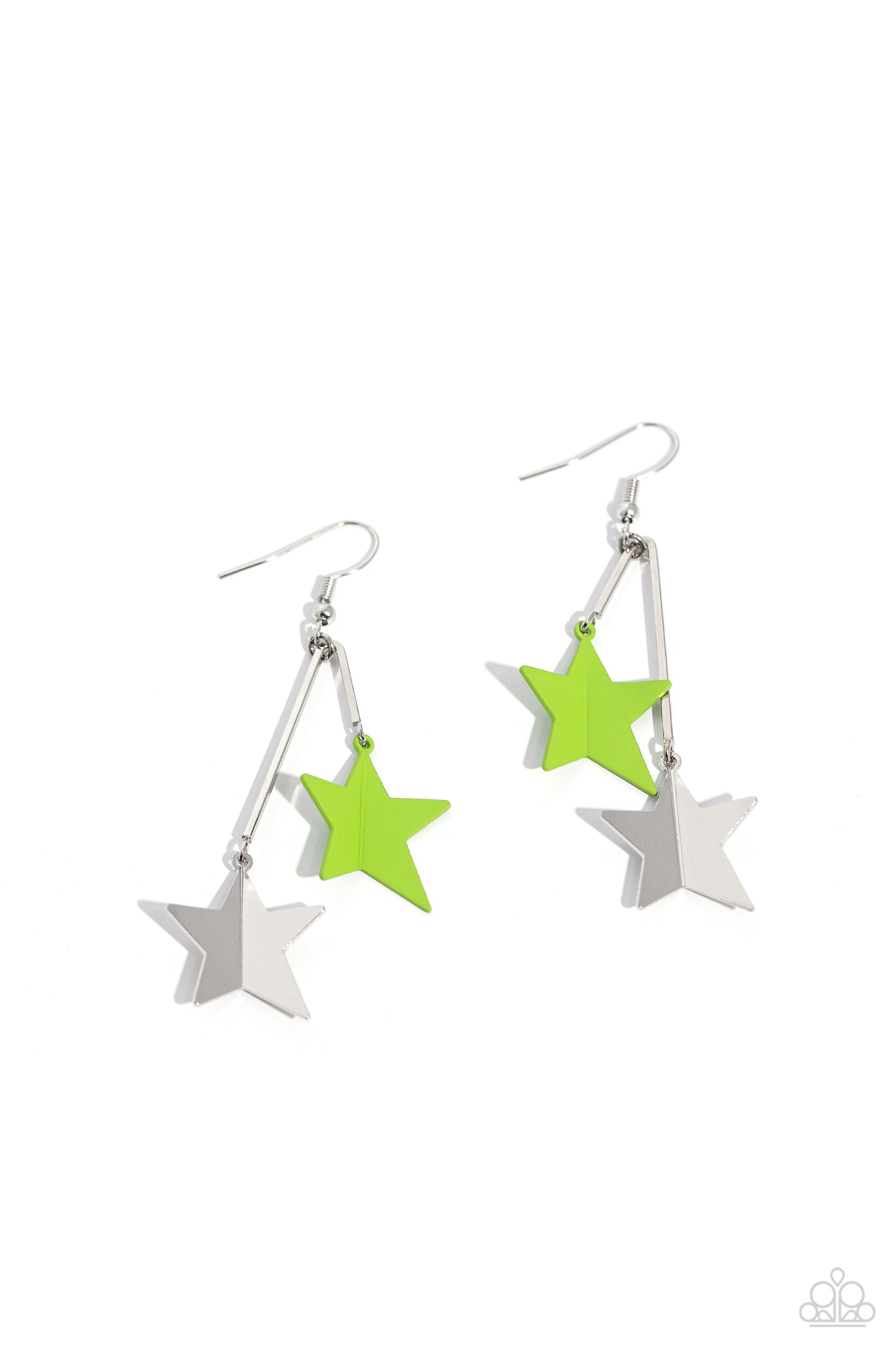 Paparazzi Accessories Stellar STAGGER - Green Dangling from a staggered, v-shaped silver bar, a curved Kohlrabi-painted and metallic silver star cascade down the ear for a starstruck fashion. Earring attaches to a standard fishhook fitting. Sold as one pa