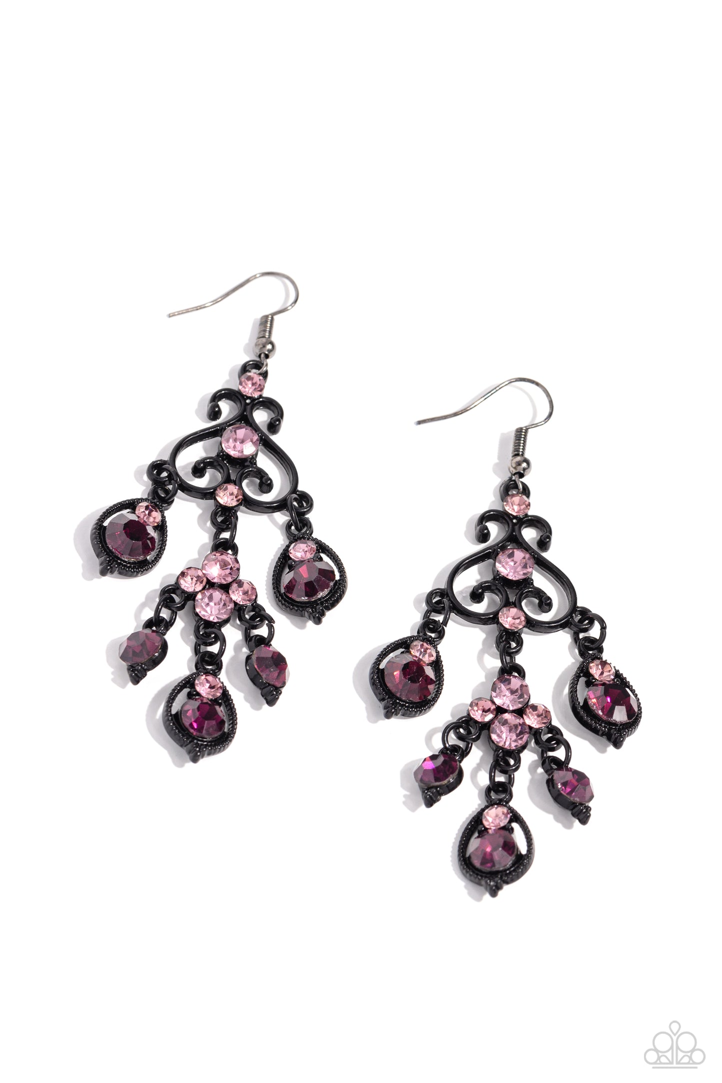 Paparazzi Accessories Regal Renovation - Purple An array of amethyst and light amethyst gems decoratively adorn the front of a studded and sleek black frame, while black frame teardrops, featuring the same amethyst and light amethyst gems, drip from the b