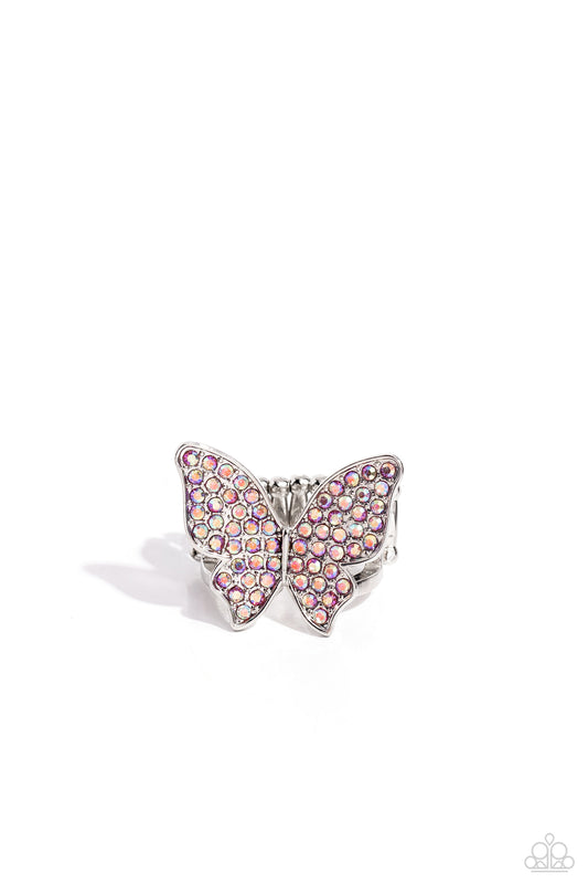 Paparazzi Accessories High Time - Pink Featured atop airy silver bands, a silver butterfly encrusted with an explosion of pink iridescent rhinestones sparkles at the finger for an enchanting fashion. Features a stretchy band for a flexible fit. Due to its