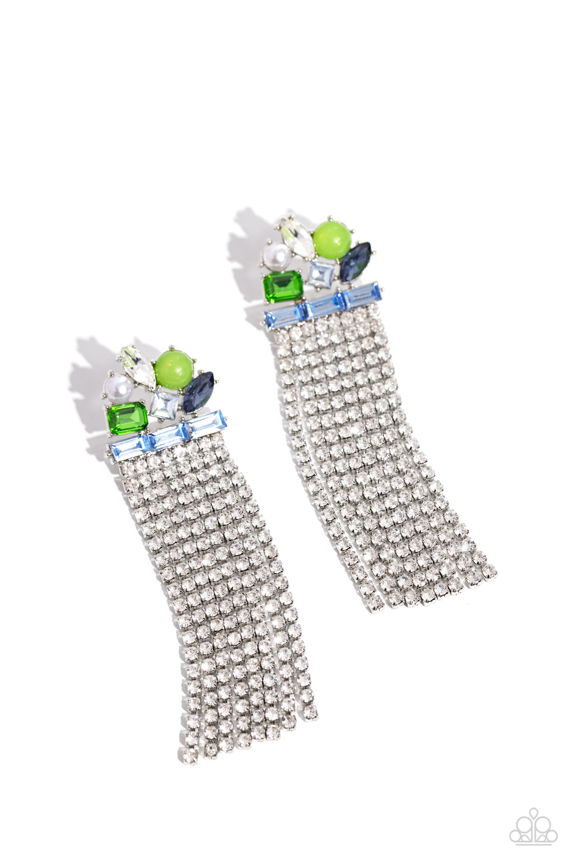 Paparazzi Accessories Horizontal Hallmark - Blue Featuring pronged silver fittings, a trio of blue emerald-cut gems lay across the ear in a horizontal manner. Various green, white, and blue gems and a milky green bead and white pearl haphazardly cluster u