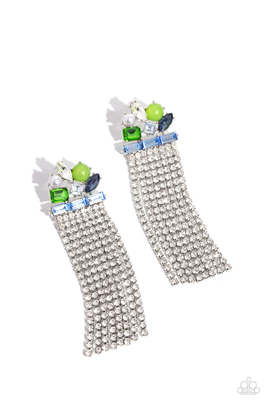 Paparazzi Accessories Horizontal Hallmark - Blue Featuring pronged silver fittings, a trio of blue emerald-cut gems lay across the ear in a horizontal manner. Various green, white, and blue gems and a milky green bead and white pearl haphazardly cluster u