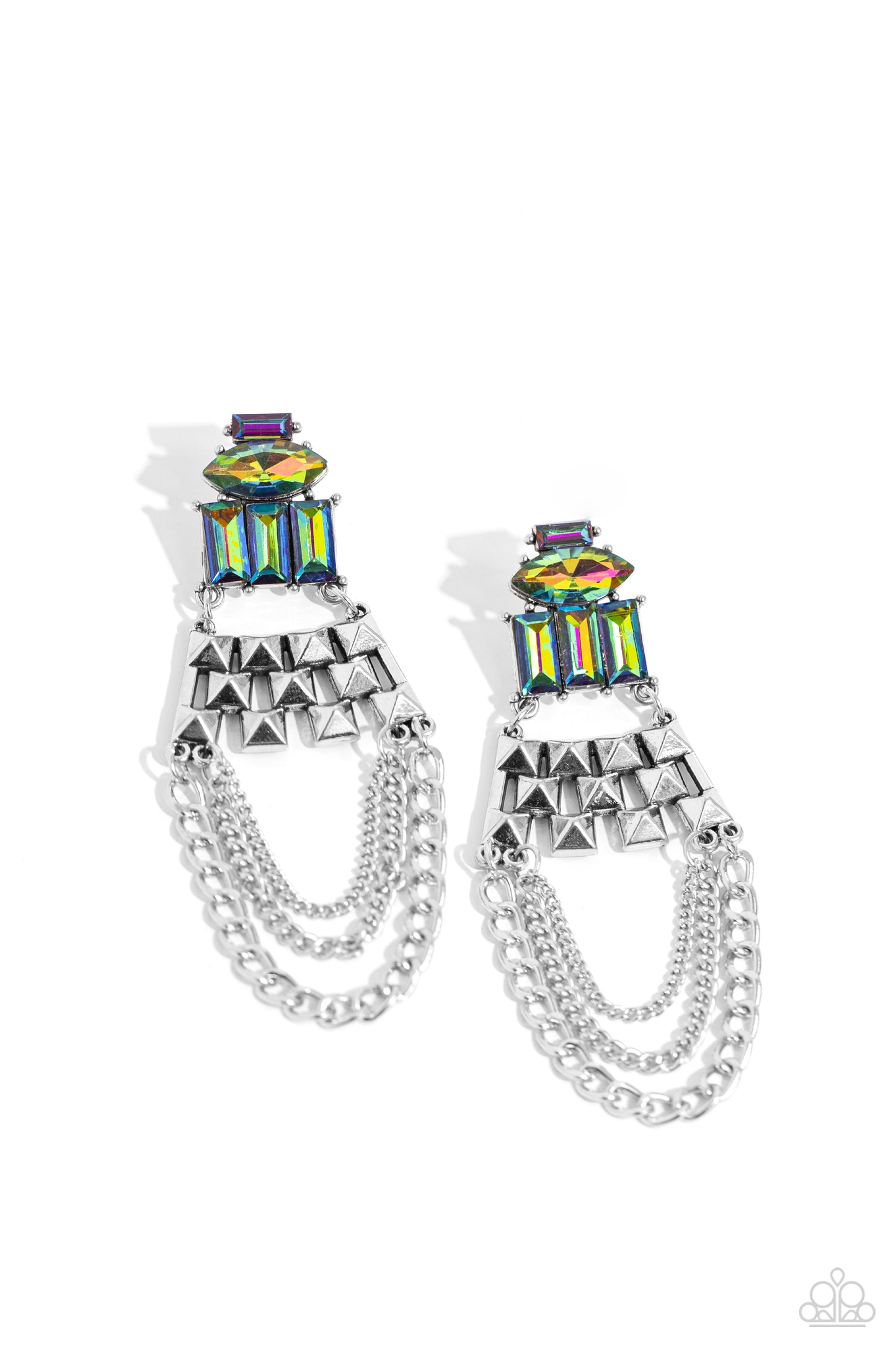 Paparazzi Accessories Dangling Art Deco - Multi Featuring silver pronged fittings, a collection of emerald-cut and marquise-cut oil spill beads layer atop one another, connecting to a haphazard pattern of silver squares that come to a point. Mismatched si
