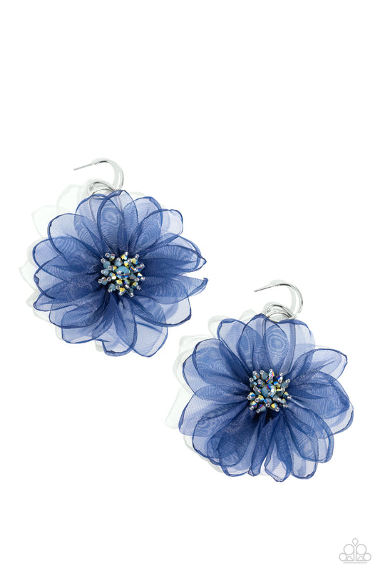 Paparazzi Accessories Cosmopolitan Chiffon - Blue A duo of asymmetrical silver hoops link as they tumble from the ear, coalescing into an abstract lure. Attached to the bottom of the elongated display, oversized navy chiffon petals bloom around oil spill-