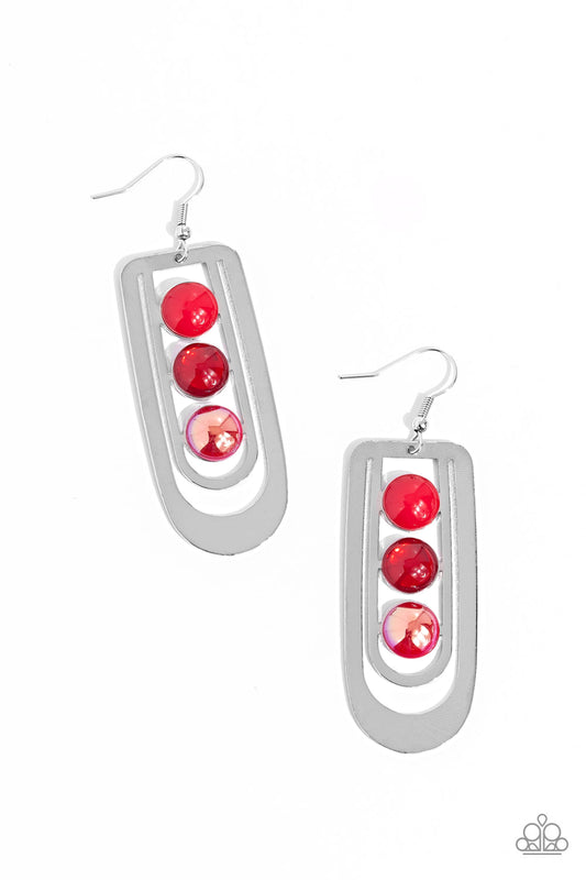 Paparazzi Accessories Layered Lure - Red Red acrylic, red opal, and red UV-splashed beads are set in the center of two overlapping silver U-shaped frames, creating a rippling lure. Earring attaches to a standard fishhook fitting. Sold as one pair of earri