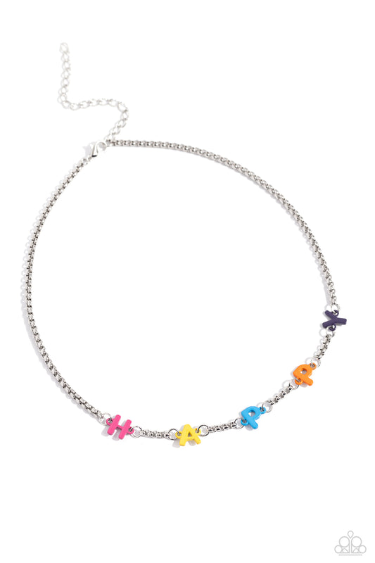 Paparazzi Accessories Joyful Radiance - Multi Infused along a silver popcorn chain, multicolored-painted letters spell out the phrase "HAPPY" for an optimistic style. Features an adjustable clasp closure. Sold as one individual necklace. Includes one pair