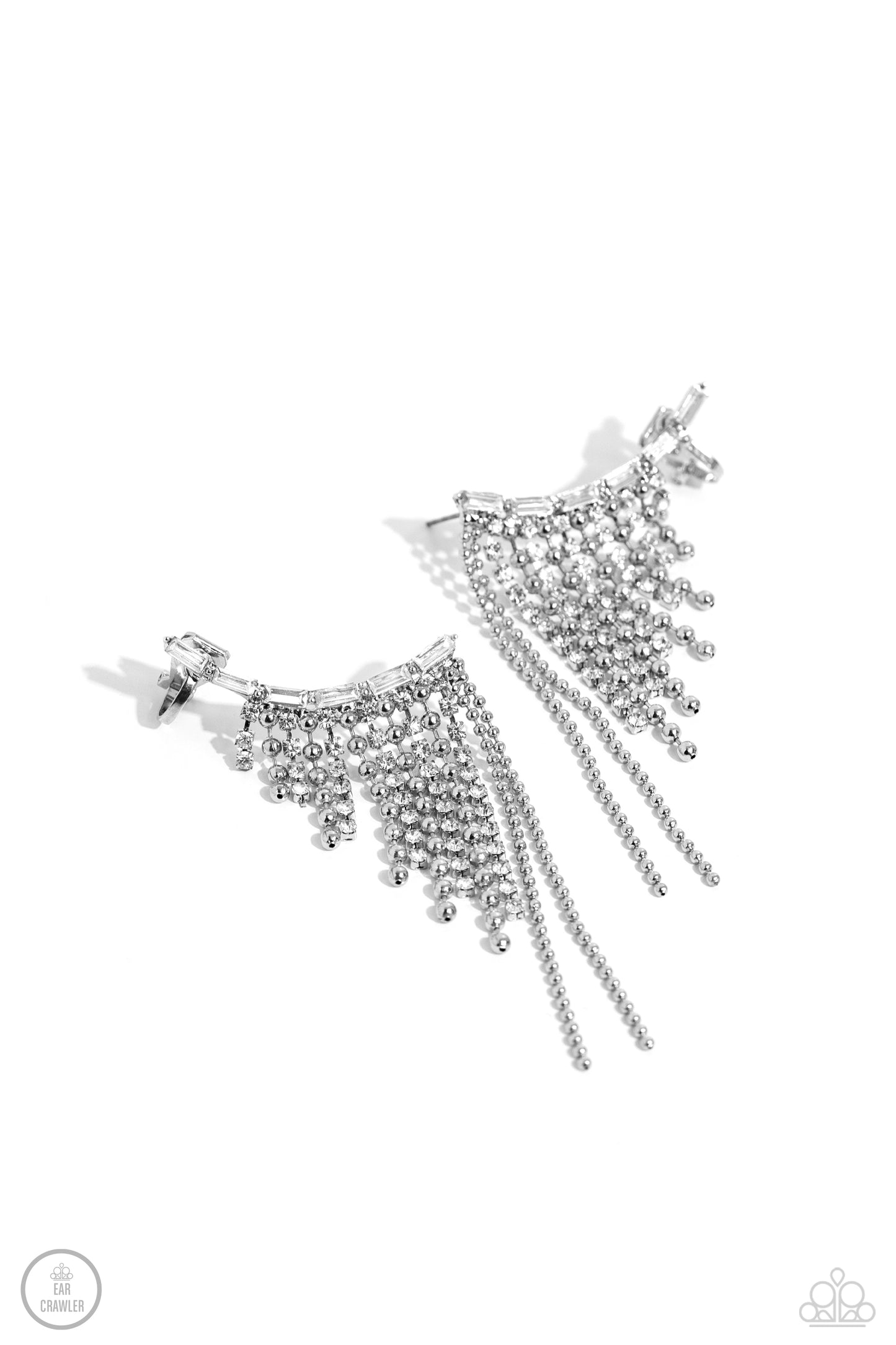 Paparazzi Accessories Tapered Tease - White A tapered fringe of dainty silver popcorn chains and glittery strands of white rhinestones in square fittings cascades from the edge of a white emerald-cut, gem-encrusted curved frame, creating an edgy centerpie