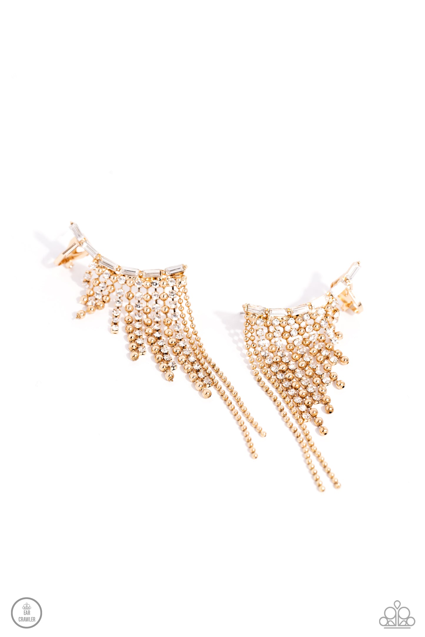 Paparazzi Accessories Tapered Tease - Gold A tapered fringe of dainty gold popcorn chains and glittery strands of white rhinestones in square fittings cascades from the edge of a white emerald-cut, gem-encrusted curved frame, creating an edgy centerpiece.