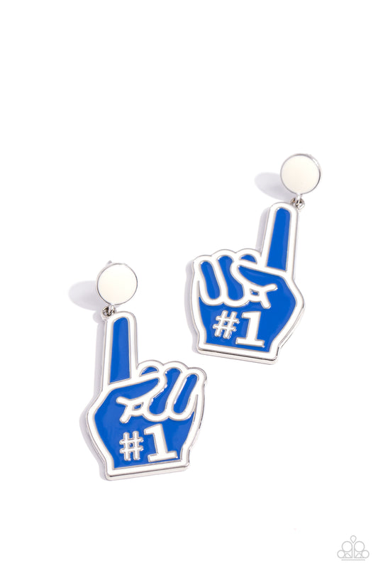 Paparazzi Accessories My Number One - Blue Featuring white-painted details and a "#1", a royal blue, foam-inspired fan pointer-finger hand attaches to the bottom of a white-painted post, creating a sporty lure. Earring attaches to a standard post fitting.