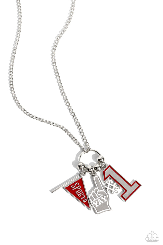 Paparazzi Accessories Cheering Section - Red Cascading from a silver hoop, a white-painted foam finger charm with the stamped word "yay," a red and white-painted "#1" charm, a "Sports"-stamped red flag, and silver studs coalesce into an athletic-inspired