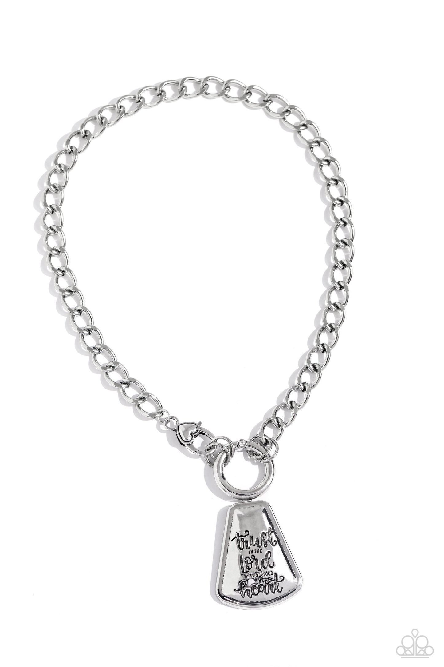 Paparazzi Accessories Trust and Believe - Silver Cascading from a silver curb chain, an exaggerated silver pendant is stamped with the phrase "trust in the Lord with all your heart" for a religious-inspired centerpiece. A tactile silver heart adorns the c
