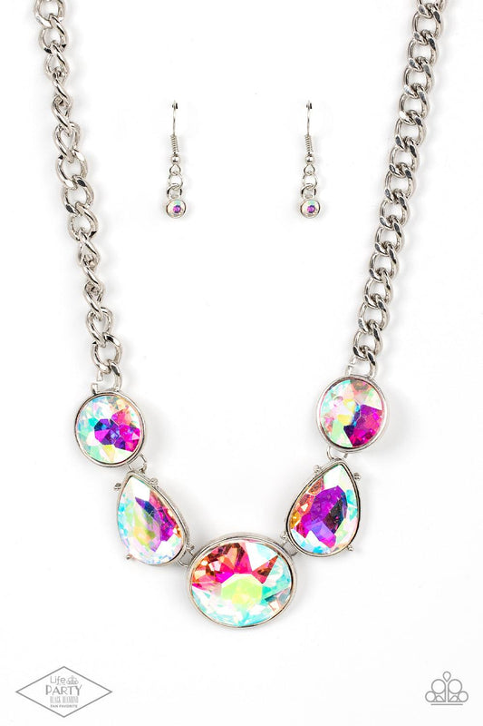 Paparazzi Accessories All The Worlds My Stage - Multi Infused with heavy silver chain, an exaggerated display of round and teardrop shaped iridescent rhinestones connects below the collar for a blinding look. Features an adjustable clasp closure. Sold as