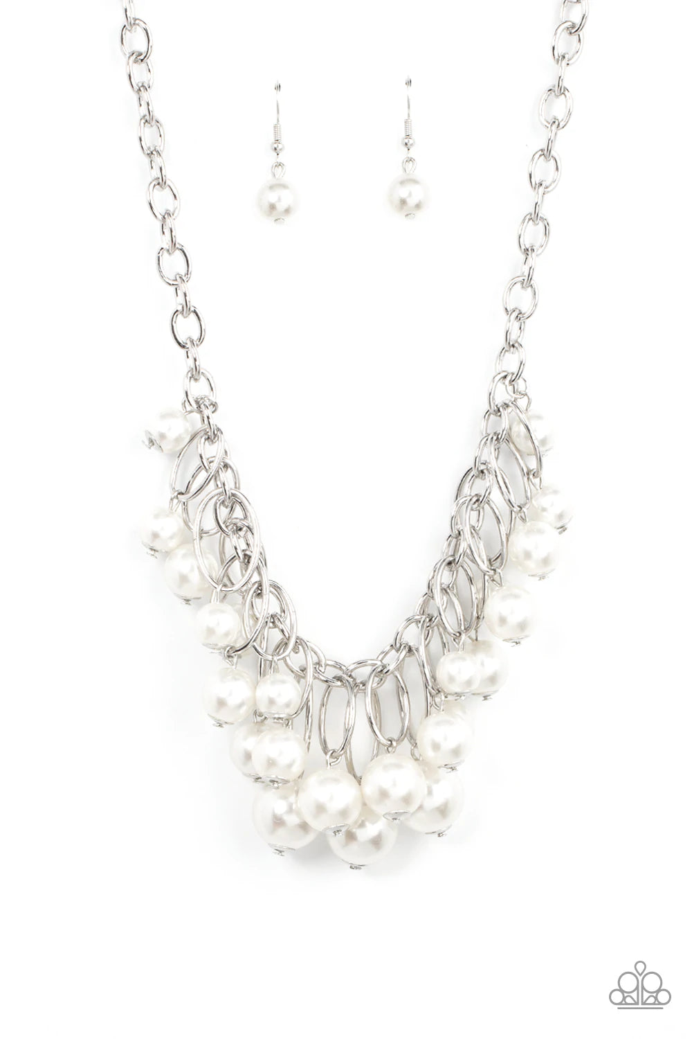 Paparazzi Accessories Powerhouse Pose - White Oversized white pearls dance from the bottoms of shiny silver ovals that delicately cluster along a chunky silver chain, resulting in a luxurious fringe below the collar. Features an adjustable clasp closure.