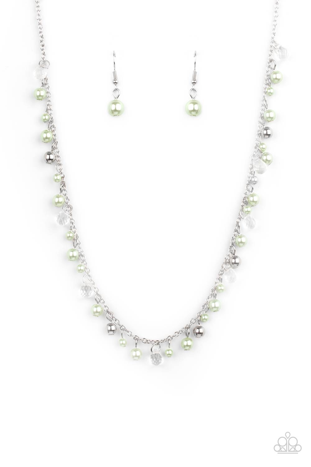 Paparazzi Accessories Pearl Essence - Green Soft pastel Green Ash pearls dangle alongside dainty silver and faceted glass beads as they float gracefully below the collar on a silver chain. Features an adjustable clasp closure. Sold as one individual neckl