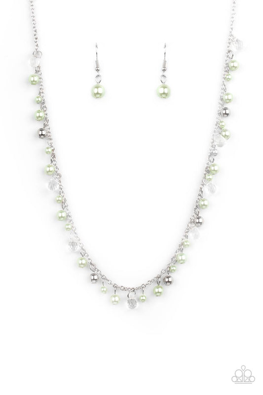 Paparazzi Accessories Pearl Essence - Green Soft pastel Green Ash pearls dangle alongside dainty silver and faceted glass beads as they float gracefully below the collar on a silver chain. Features an adjustable clasp closure. Sold as one individual neckl